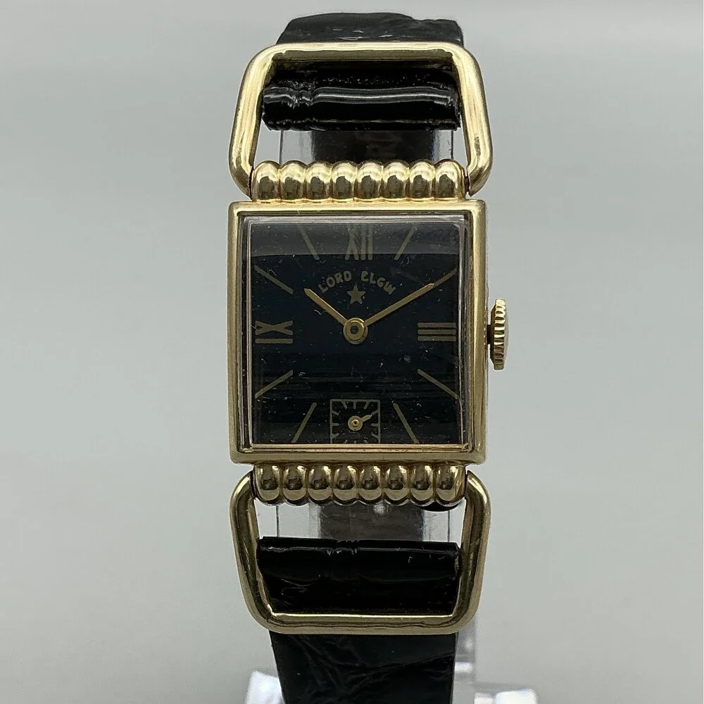 Vintage Lord Elgin Mens Watch 21mm Black Dial 14K Gold Filled 4602 Manual Wind